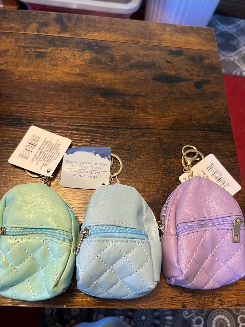 Mini Quilted Faux Leather Backpack Keychains - Pastel Mint, Baby Blue, Lavender